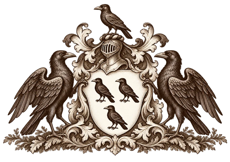Bedlam family arms: three black rooks on a silver shield, with helmet, rook crest, mantling and two rook supporters